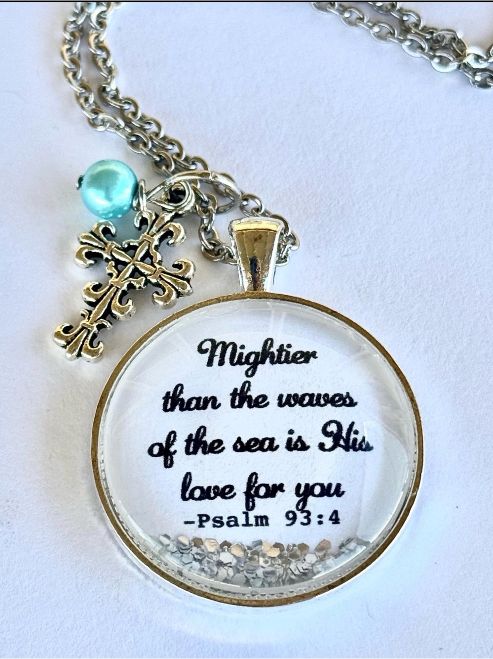 Inspirational Psalm 93:4 Silver Pendant Necklace with Aqua Bead
